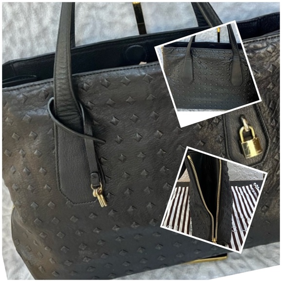Authentic Henri Bendel Black Leather Diamond Embossed Expandable Tote Bag